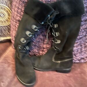 Black Suede Knee-High Boots with Buckles